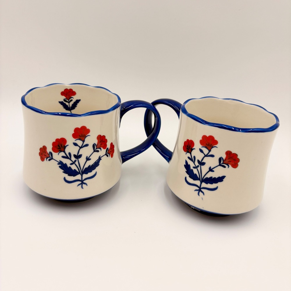 Potter's Studio Floral Ceramic Mugs Set of 2 Scalloped Rim Blue Red White